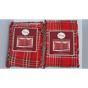 Merry Luxury Euro Shams Set of 2 Red Plaid Christmas 26x26 Cotton Holiday Decor